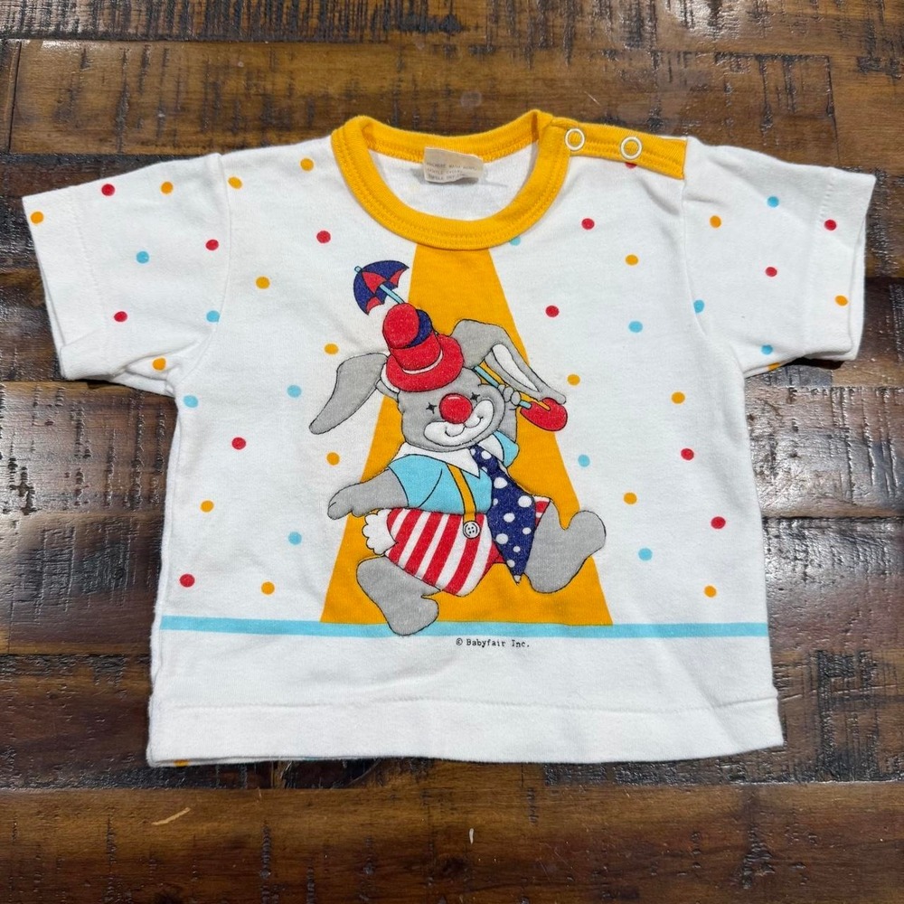 Vintage 90s Babyfair Circus Bunny Polka Dot Shirt 3-6 Months Clowncore